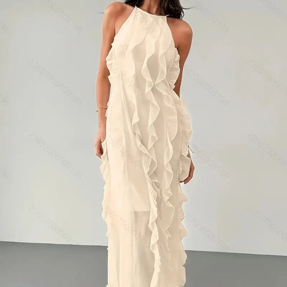 Ruffles Flounces Tie Cross Back Maxi Dress Cream